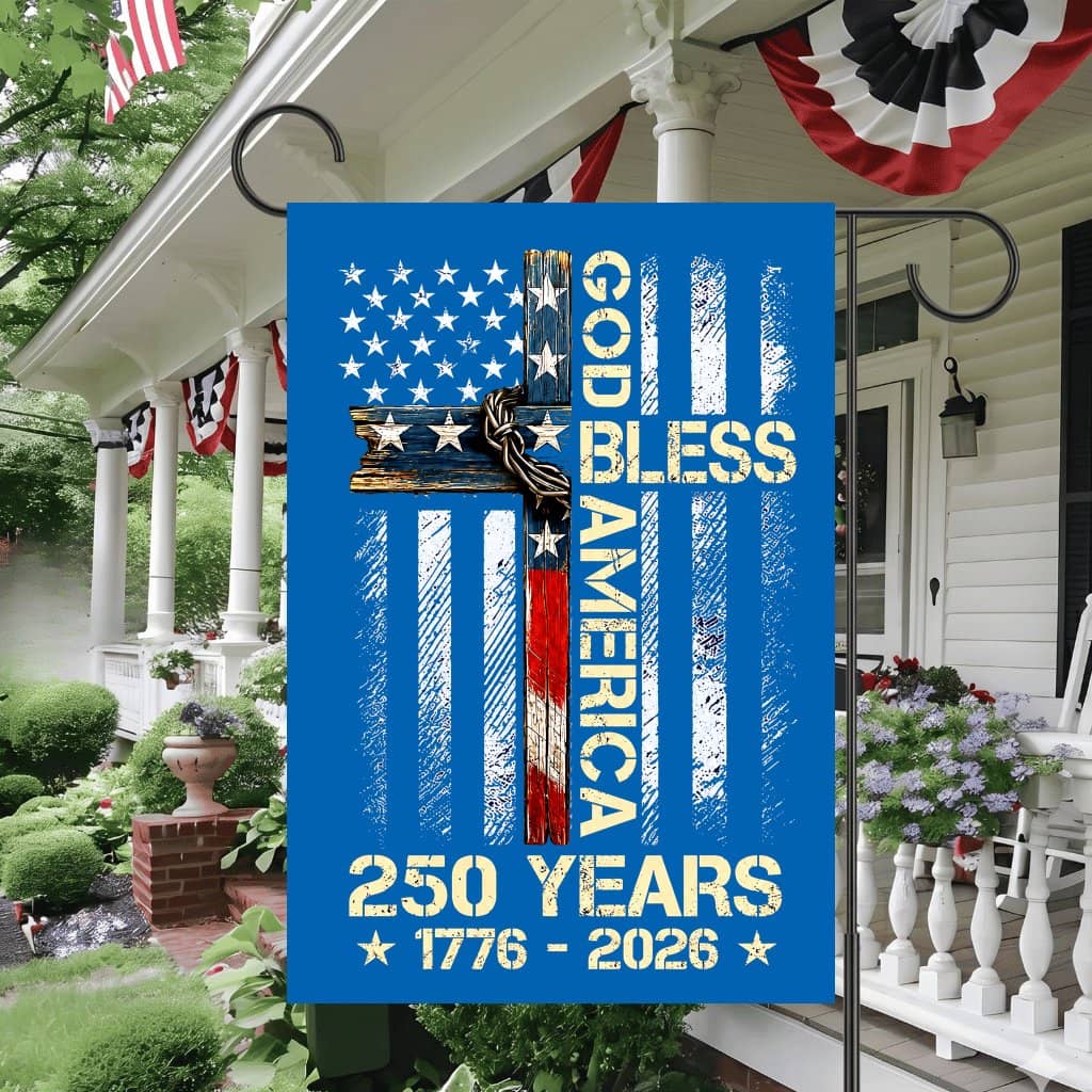 God Bless America Christian Cross Flag House Banner - 250 Years Independence Gift for Him & Her
