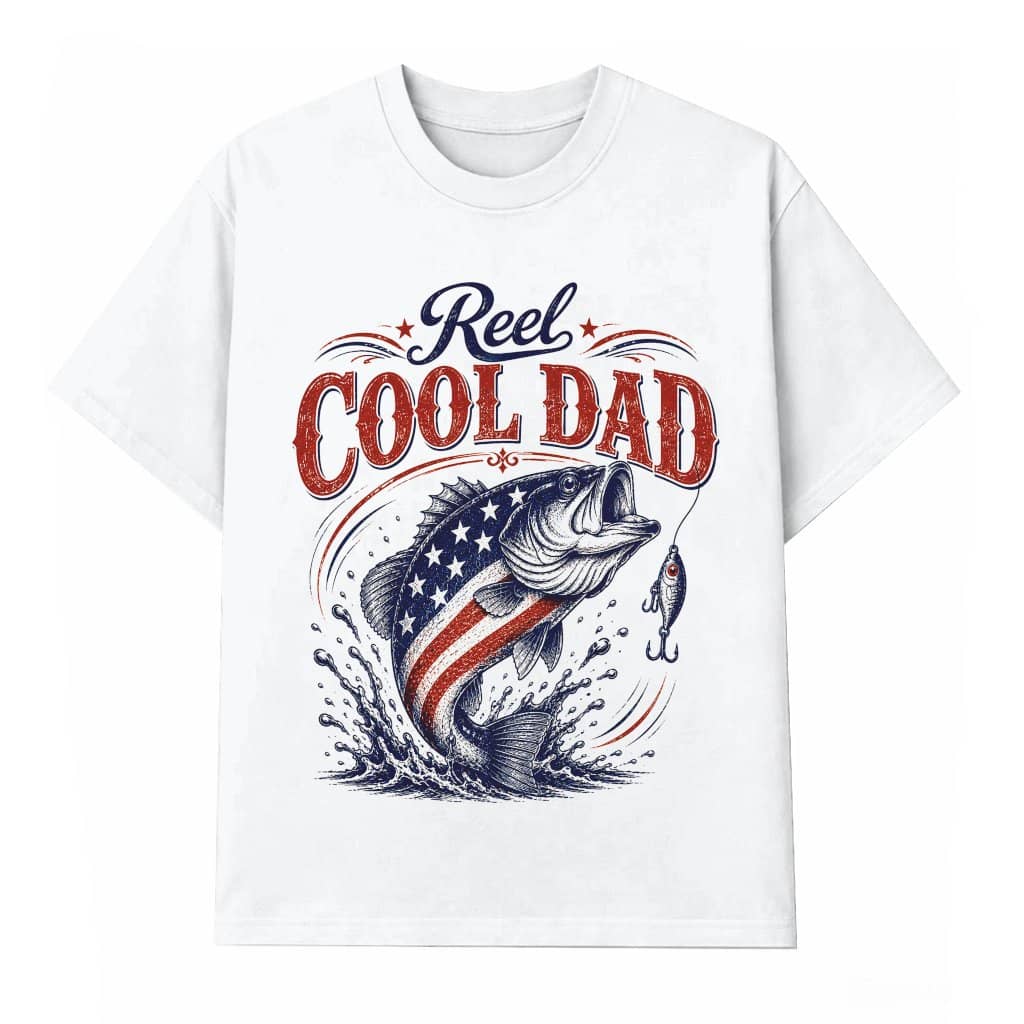 Retro Reel Cool Dad America Bass Fishing T-Shirt - Patriotic Fishing Gift for Dad