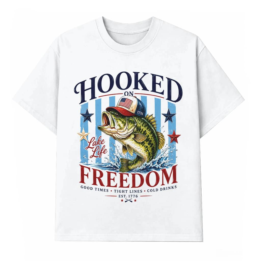 Patriotic Bass Fishing T-Shirt - Hooked on Freedom American Flag Fish Gift for Him