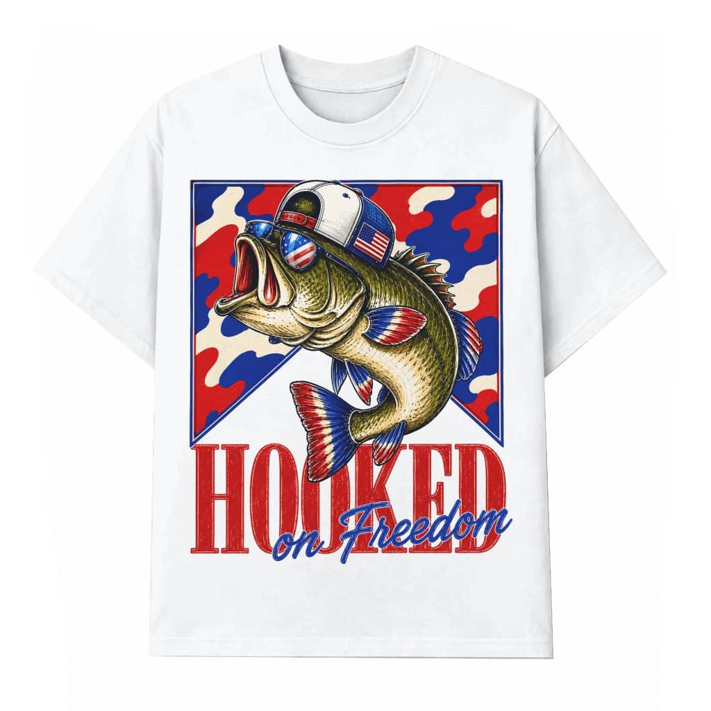 Hooked On Freedom Camouflage USA Patriotic Fishing T-Shirt - 4th of July Fisherman Gift for Him