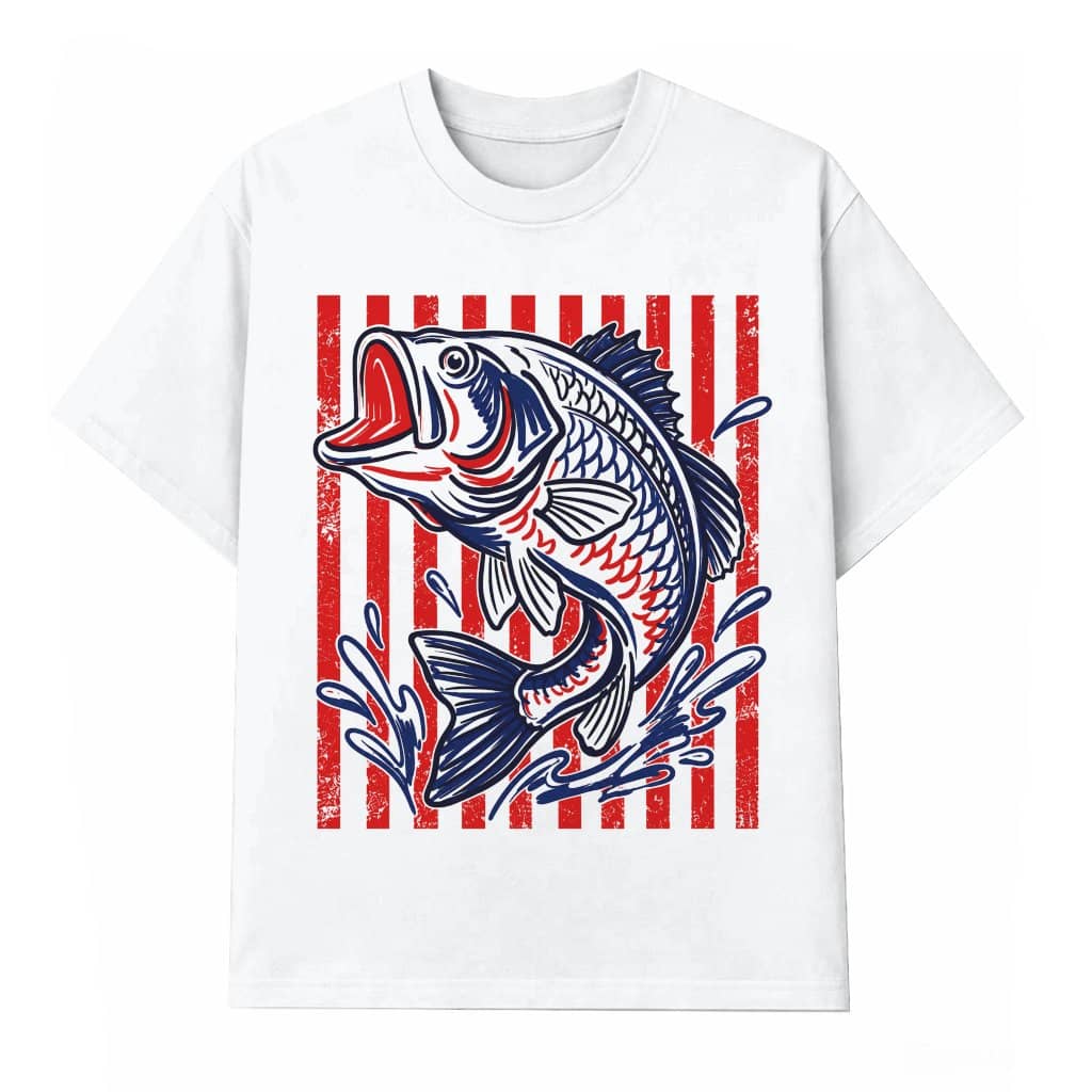 Retro Red Striped Patriotic Fishing T-Shirt - American Fishing 4th of July Gift for Him & Her