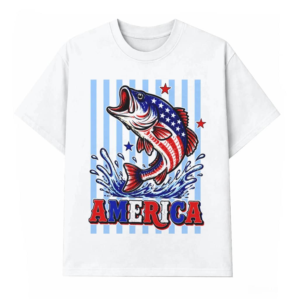 Blue Stars and Stripes America Fishing T-Shirt - Summer Fishing 4th of July Gift for Him & Her