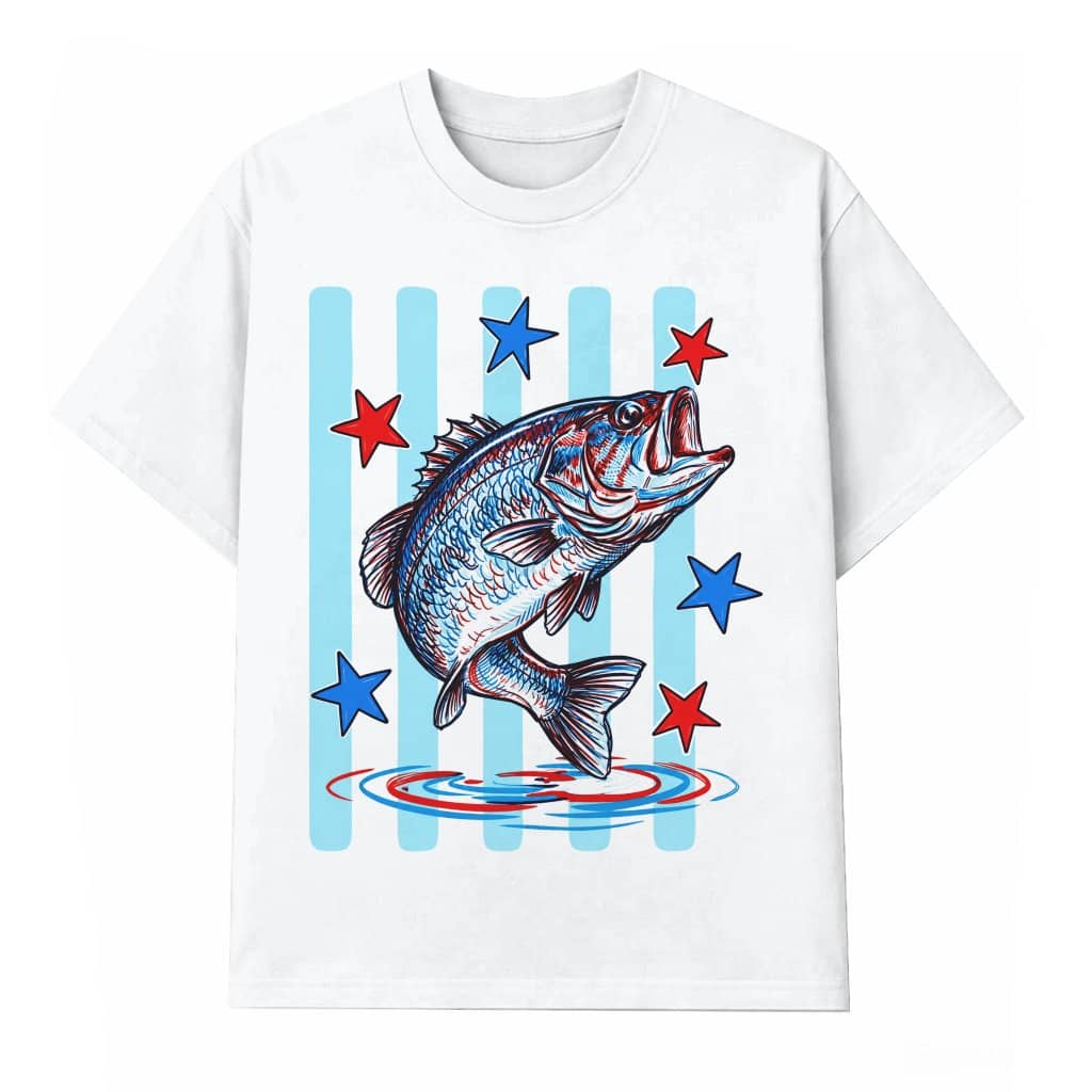 Blue Stars and Stripes Bass Fishing T-Shirt - Summer Fishing Gift for Him & Her