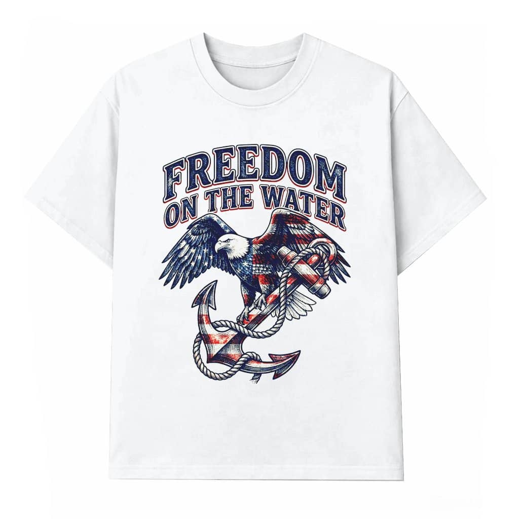Freedom On The Water Patriotic Eagle Fishing T-Shirt - 4th of July Gift for Him & Her