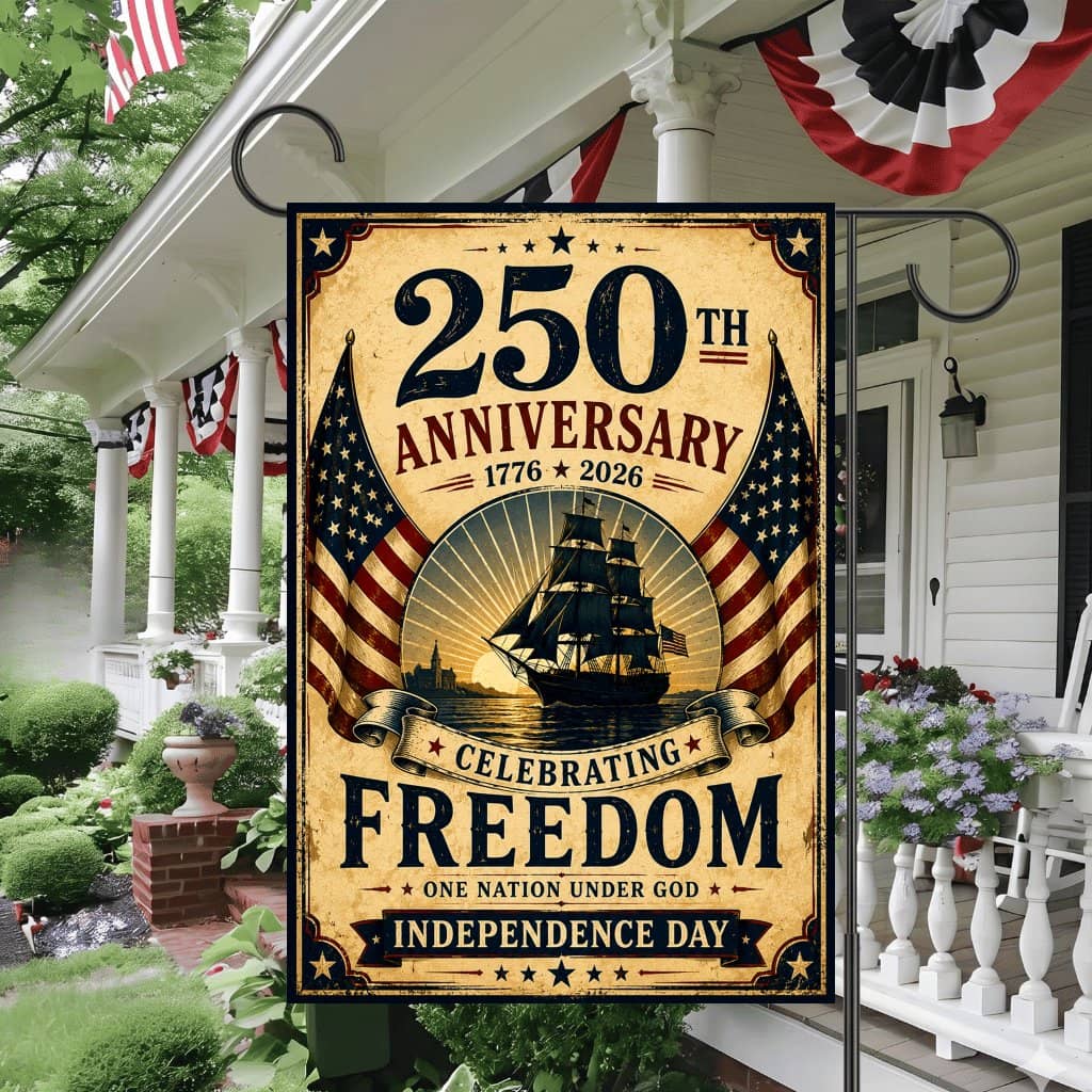 250th Anniversary Garden Flag - Colonial Ship Freedom Patriotic Gift for Independence Day Decor