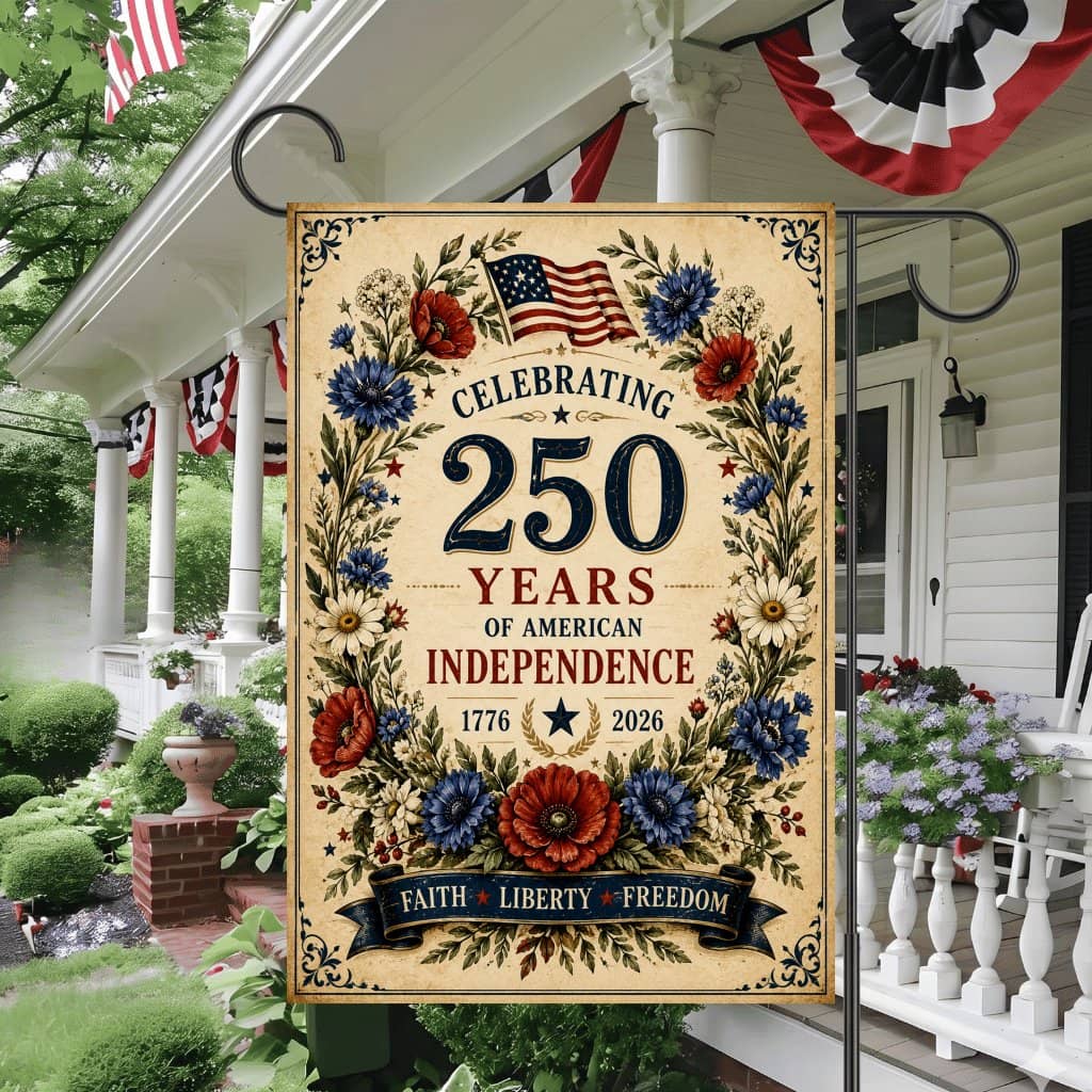 Vintage Floral 250 Years of American Independence Flag - Patriotic Banner Gift for USA Garden Decor