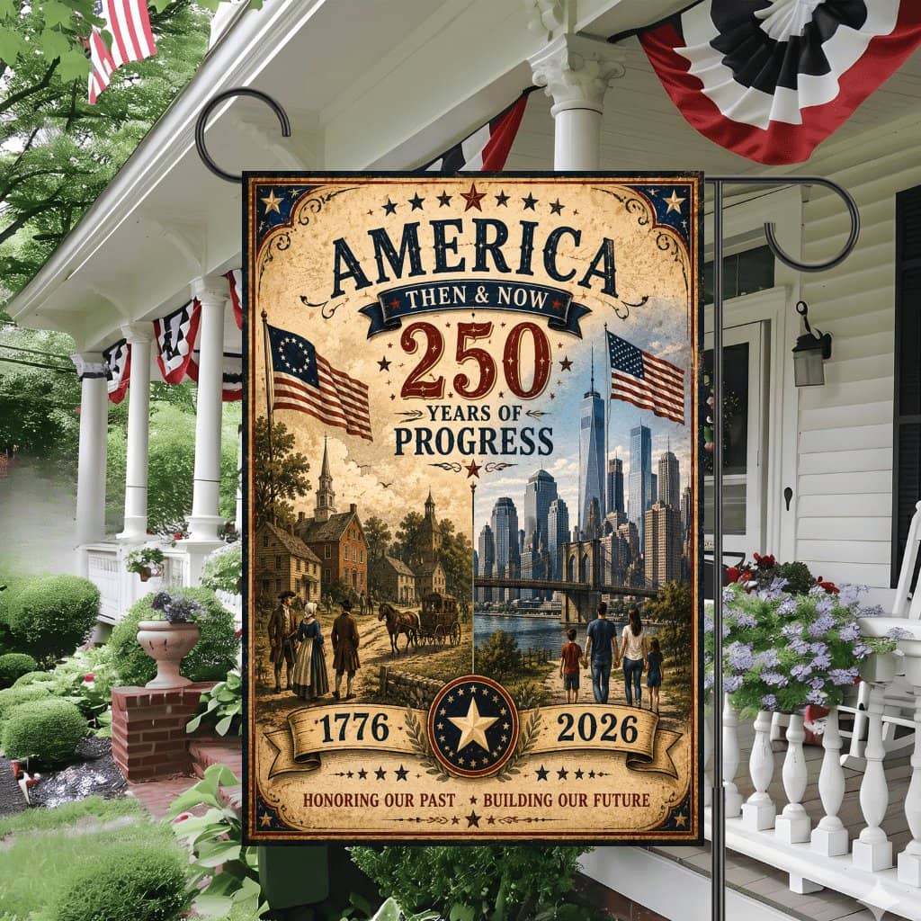 America Then & Now 250 Years of Progress Patriotic Flag - Independence Gift for USA Garden Decor