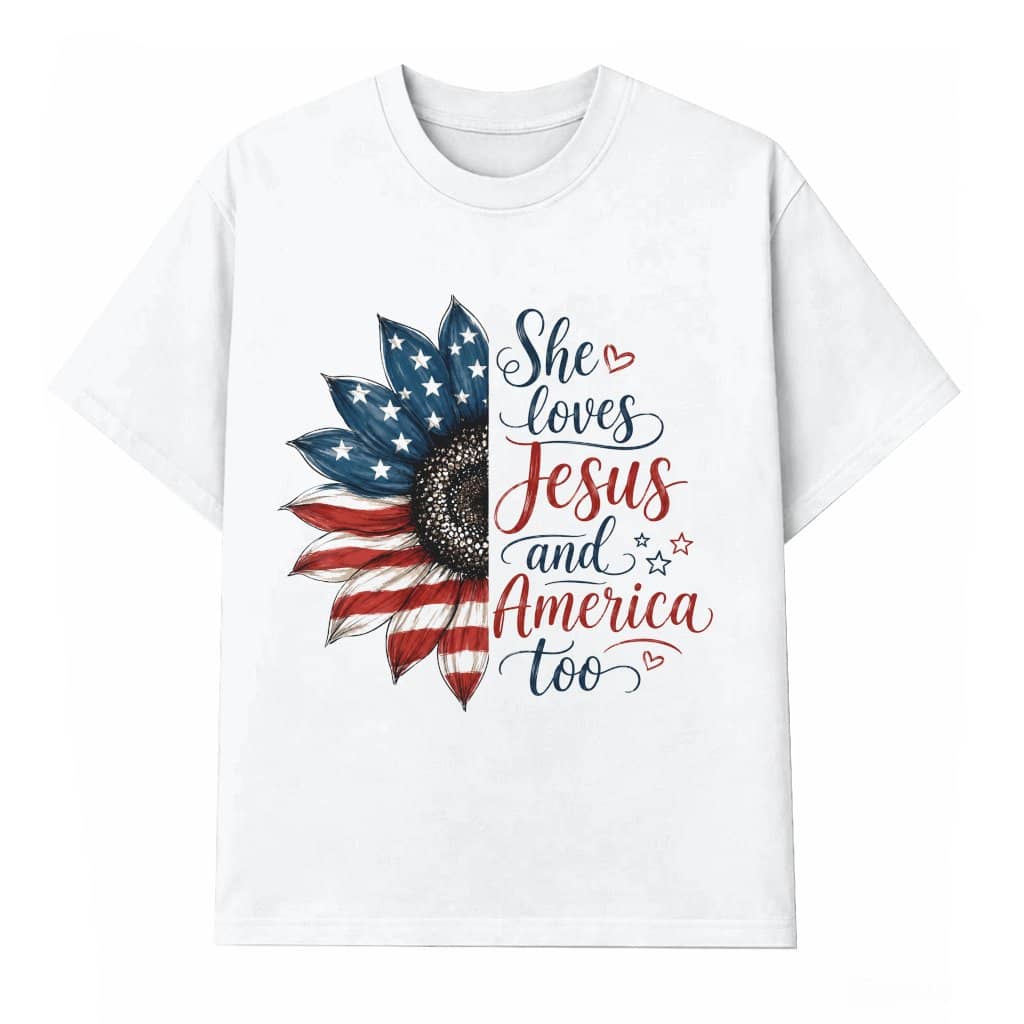 She Loves Jesus and America Sunflower USA Flag T-Shirt - Cute 4th of July Patriotic Gift for Her
