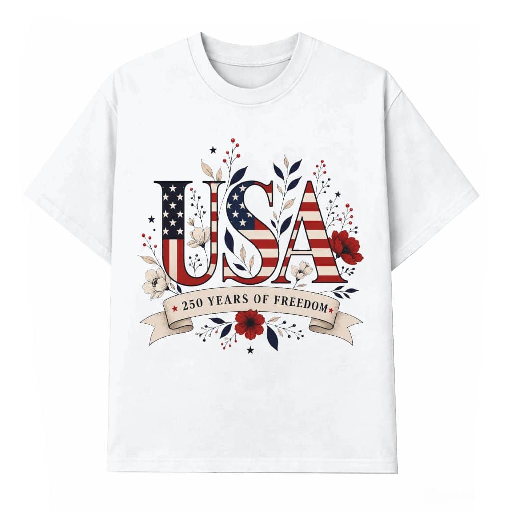 Floral USA Flag 250 Years Of Freedom T-Shirt - Ideal Patriotic Gift for Her