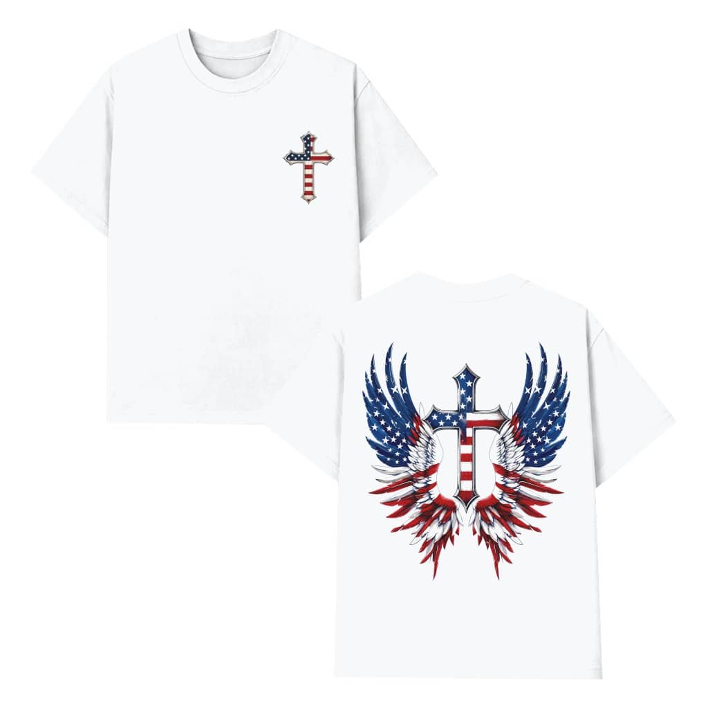 One Nation Under God American Flag Christian Cross T-Shirt - Eagle Wing Patriotic Christian Gift for 4th of July