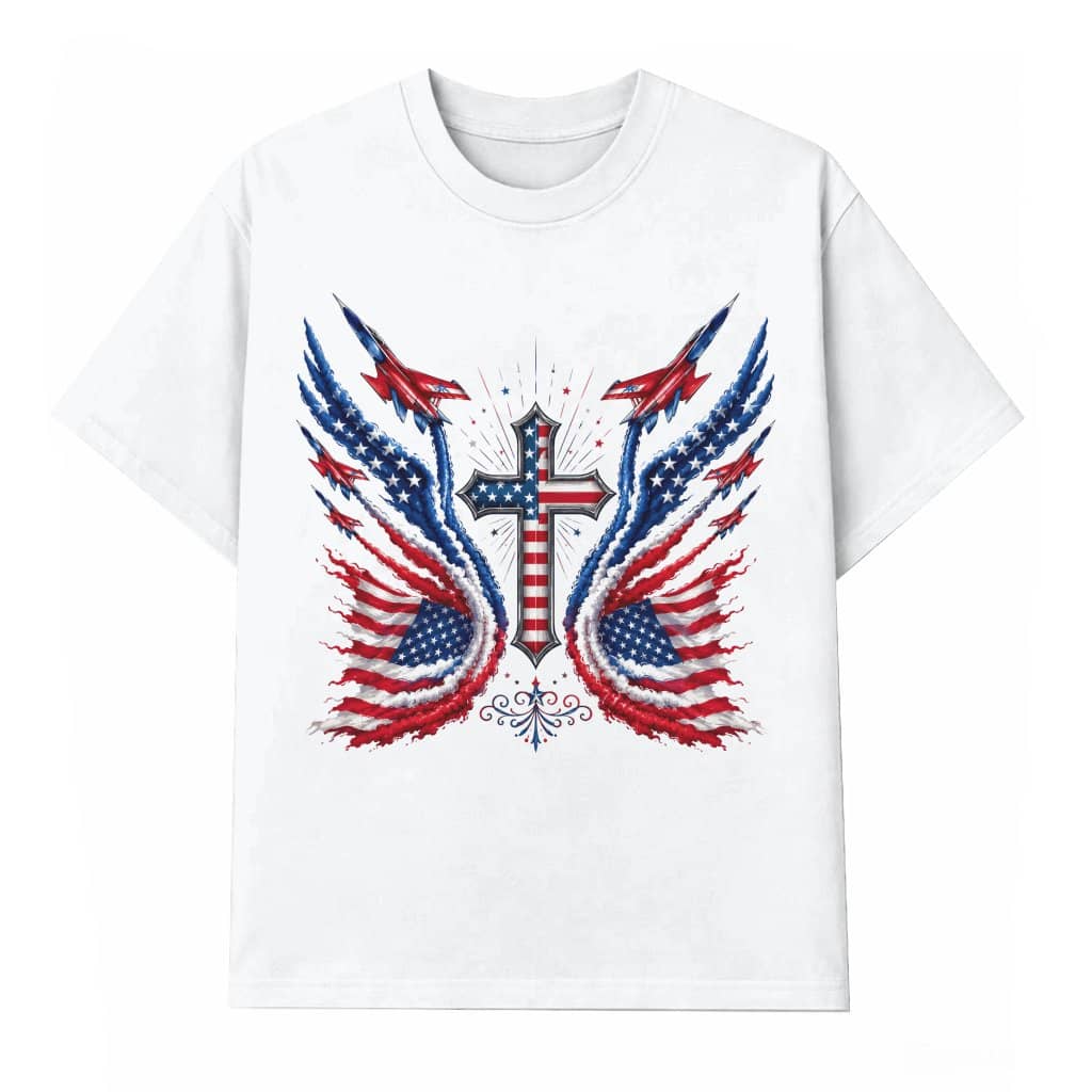 USA Fighter Jets 4th July Christian Cross T-Shirt - Ideal Patriotic Christian Gift for Her