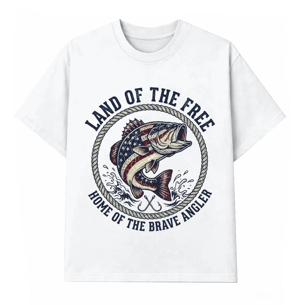 Land of The Free Retro USA Flag Bass Fishing T-Shirt - Ideal Patriotic Gift for Fishing Lover