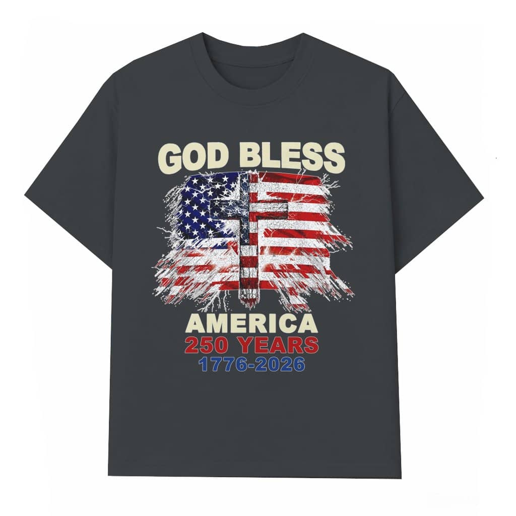 Distressed USA Flag Cross God Bless America 250 Years T-Shirt - Patriotic Christian Gift for Him & Her