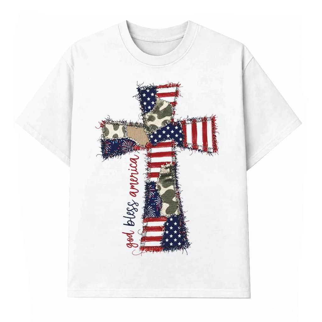 Patchwork Patriotic Cross God Bless America T-Shirt - Faith Based USA Patriotic Gift for Her