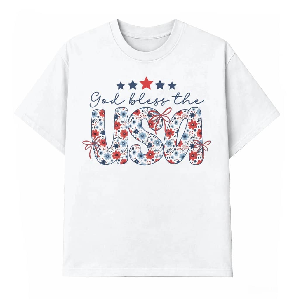Coquette Bow God Bless USA T-Shirt - Floral USA Patriotic Christian Gift for Women