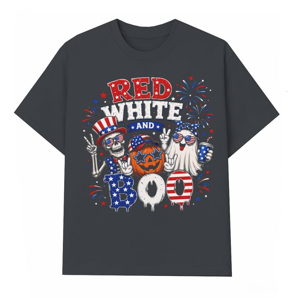 Red White and Boo T-Shirt - Ghost Skeleton Pumpkin Funny Summerween Patriotism Gift for Him & Her