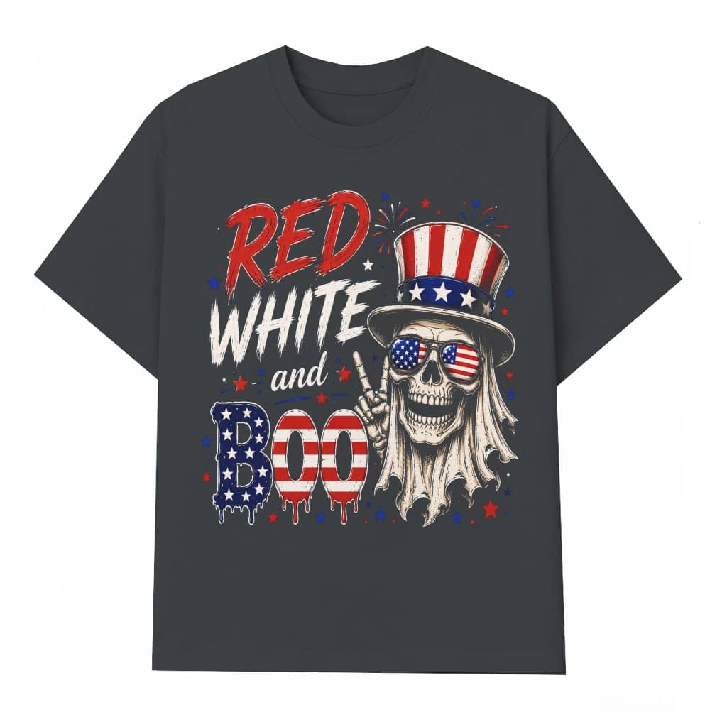 Funny 4th of July Red White and Boo T-Shirt - Spooky Skeleton Patriotic Gift for Him & Her