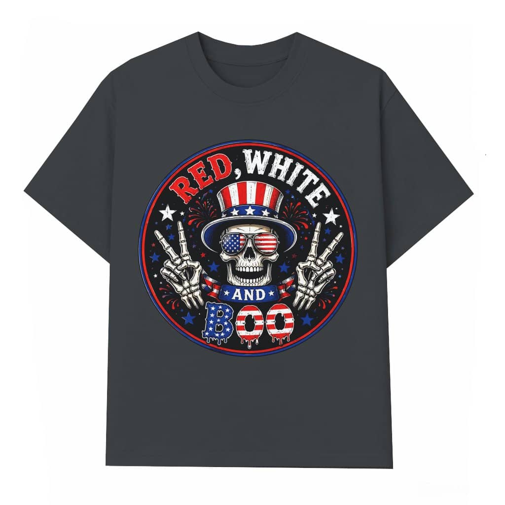 Spooky USA Flag Skeleton T-Shirt - Red White and Boo Funny Patriotic Gift for Him & Her