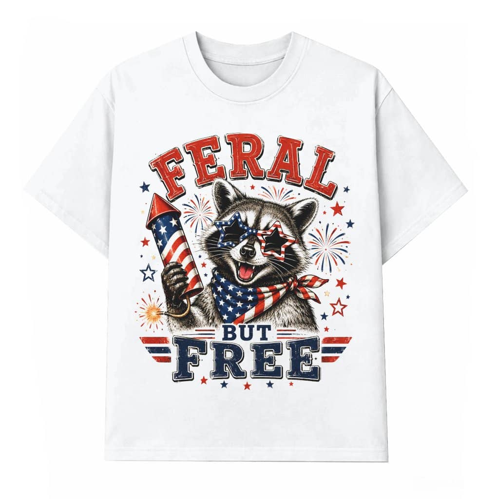 Feral But Free Funny America Fireworks Patriotic Raccoon T-Shirt - Cute 4th of July Gift for Raccoon Lover