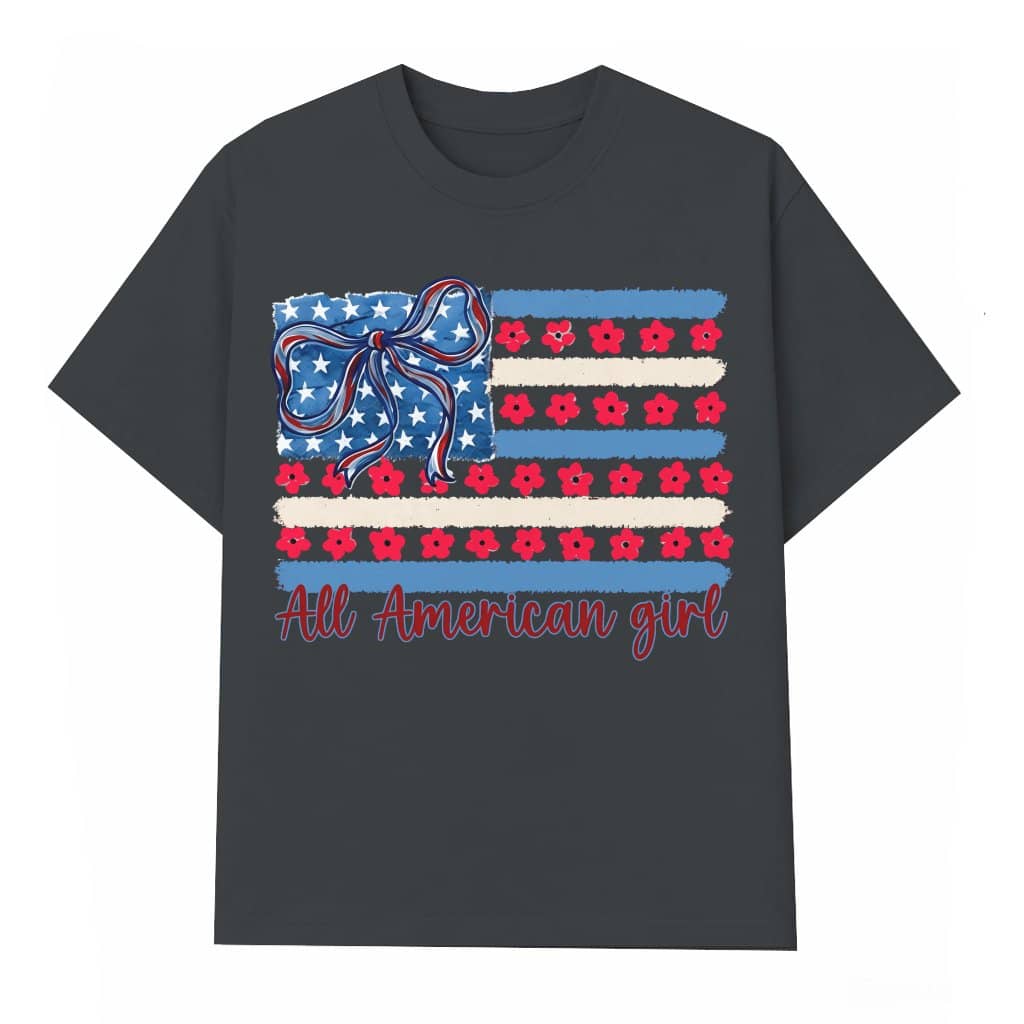 All American Girl Coquette Bow USA Flag T-Shirt - Cute USA Flag 4th of July Gift for Her