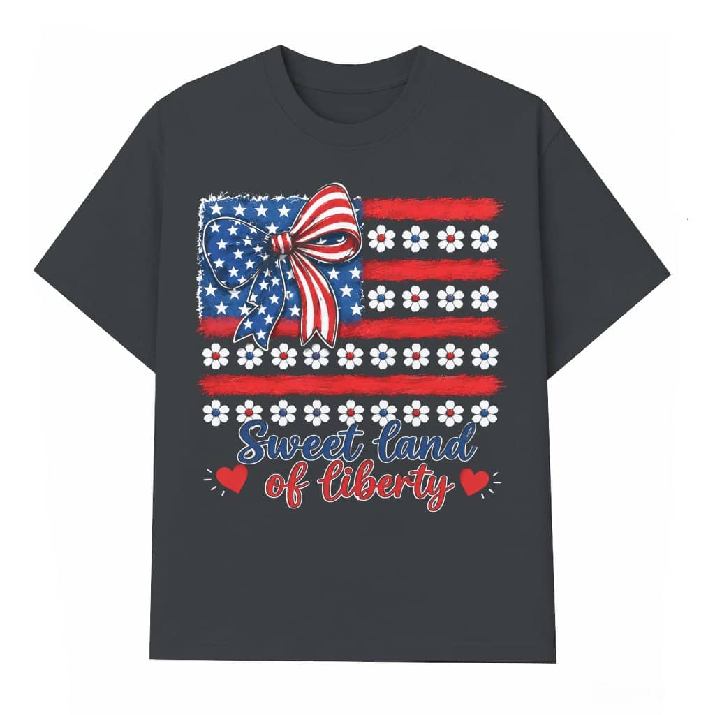 Coquette Bow USA Flag Sweet Land Of Liberty T-Shirt - Cute 4th of July Gift for Her