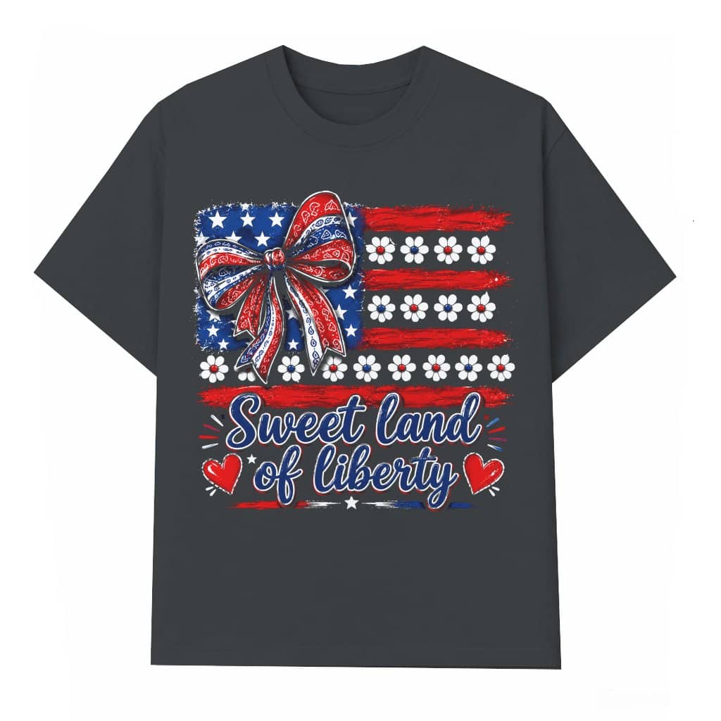 Sweet Land of Liberty Coquette Bow USA Flag T-Shirt - Cute Patriotic Gift for Her