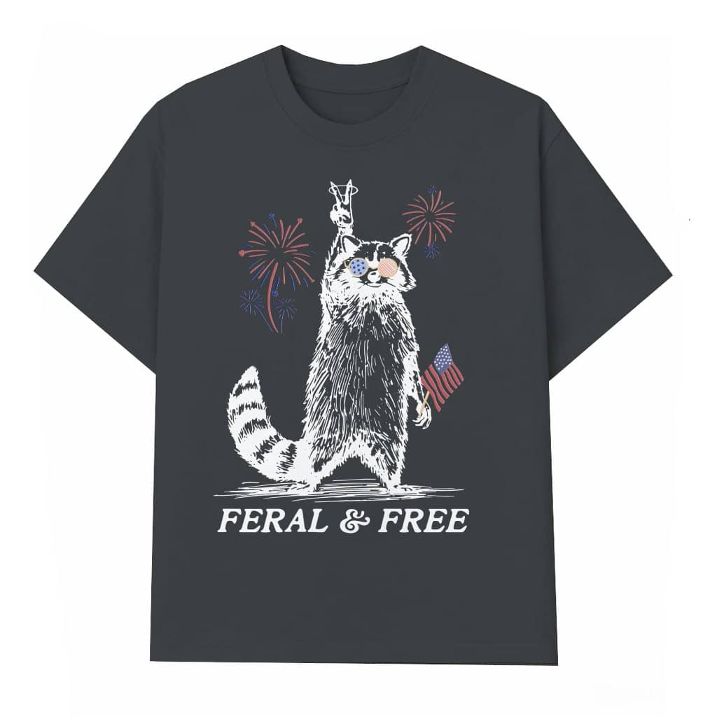 Retro Feral And Free 4th Of July T-Shirt | Funny Patriotic Raccoon Gift for Independence Day