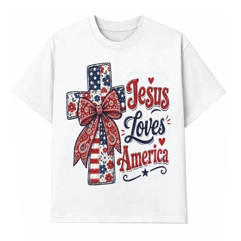 Vintage Jesus Loves America T-Shirt - Coquette Jesus Cross Faith Gift for 4th of July