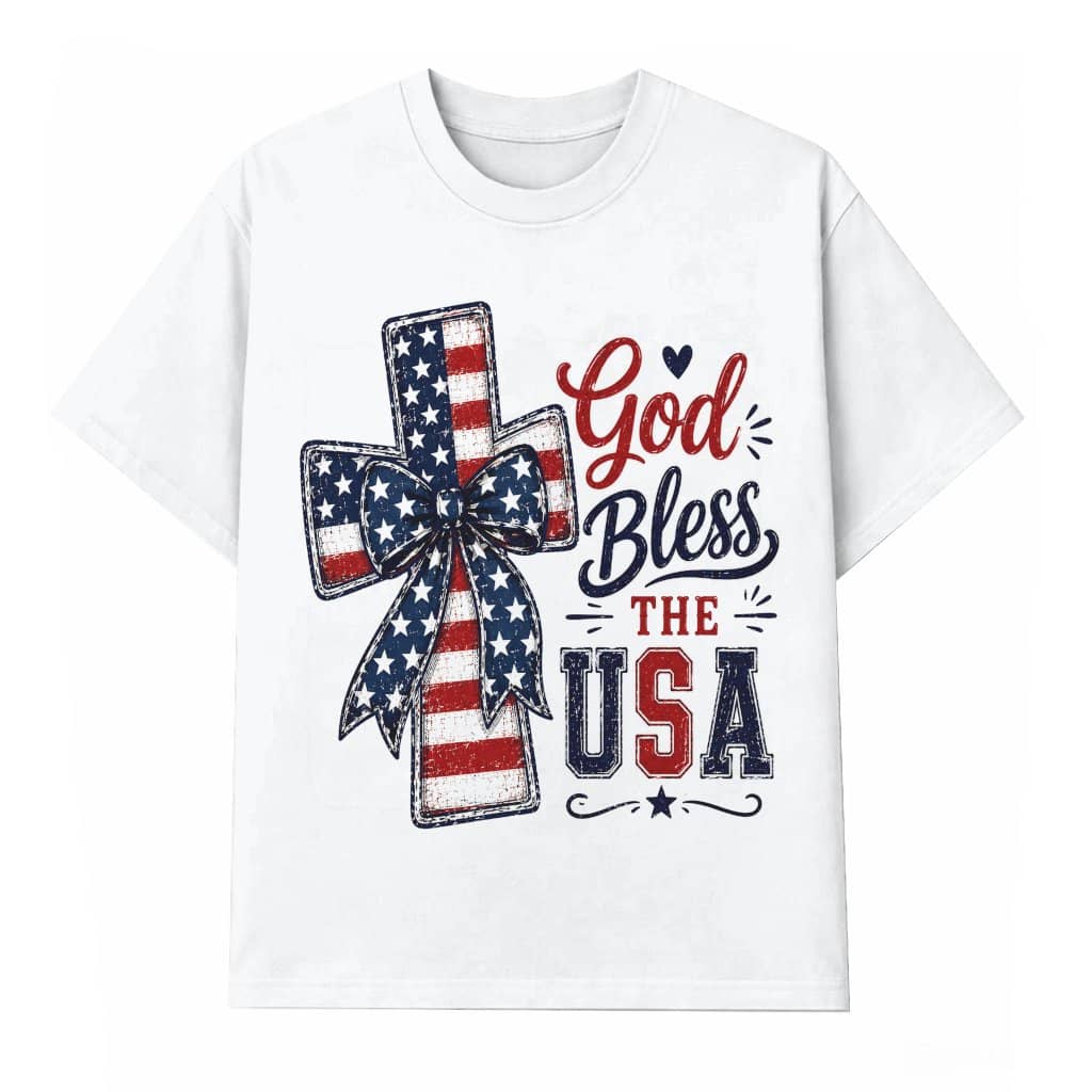 God Bless USA T-Shirt - Patriotic Jesus Cross Faith Gift for Women