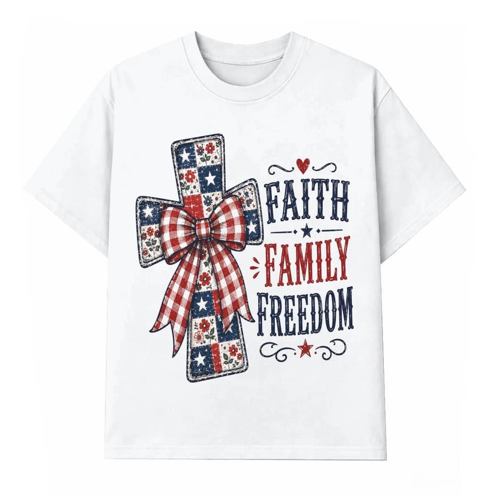 Vintage Faith Family and Freedom T-Shirt - Coquette Patriotic Christian Gift for Her Jesus Lover
