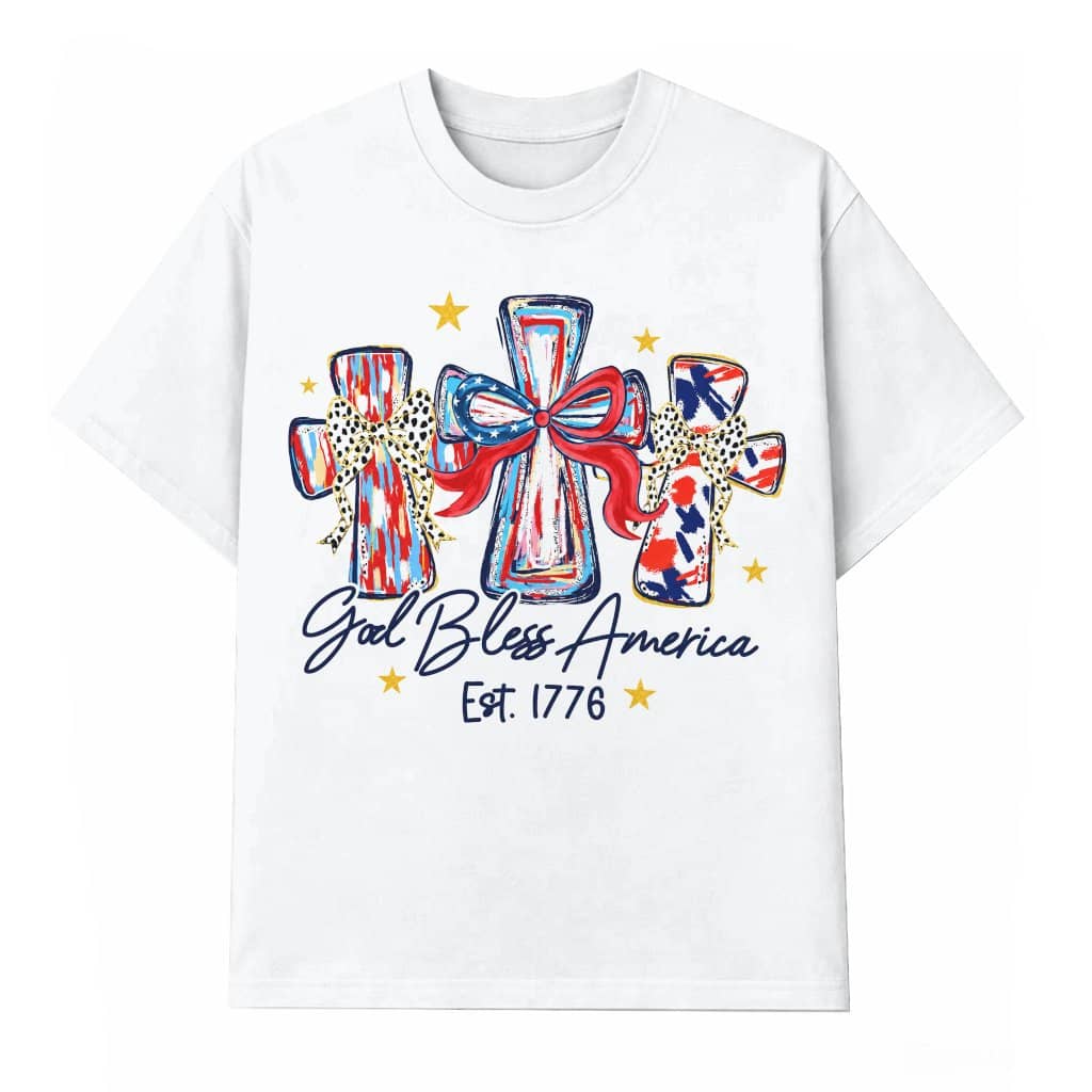 Brush Stroke Jesus Cross God Bless America T-Shirt - Patriotic Christian Gift for Her