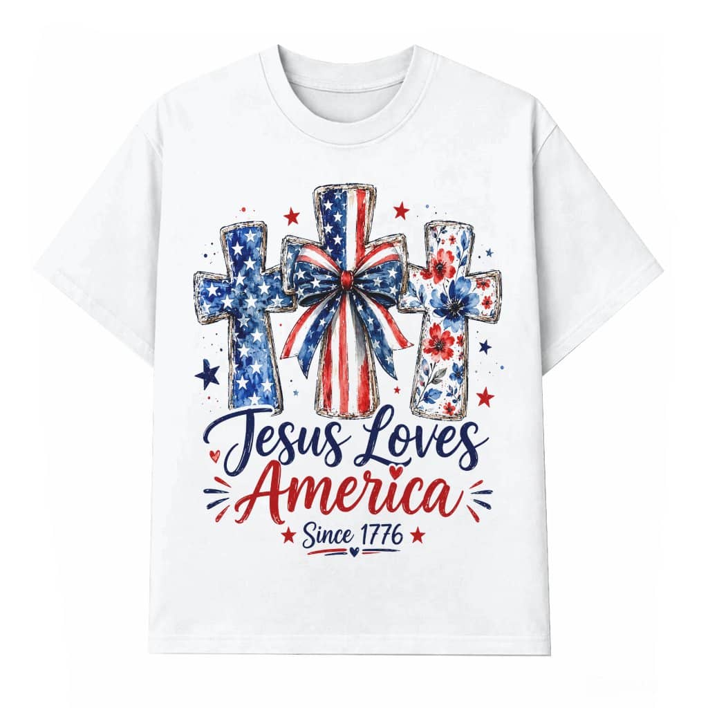 Preppy Watercolor USA Coquette Bow Jesus Loves America T-Shirt - Cute Patriotic Christian Gift for Her