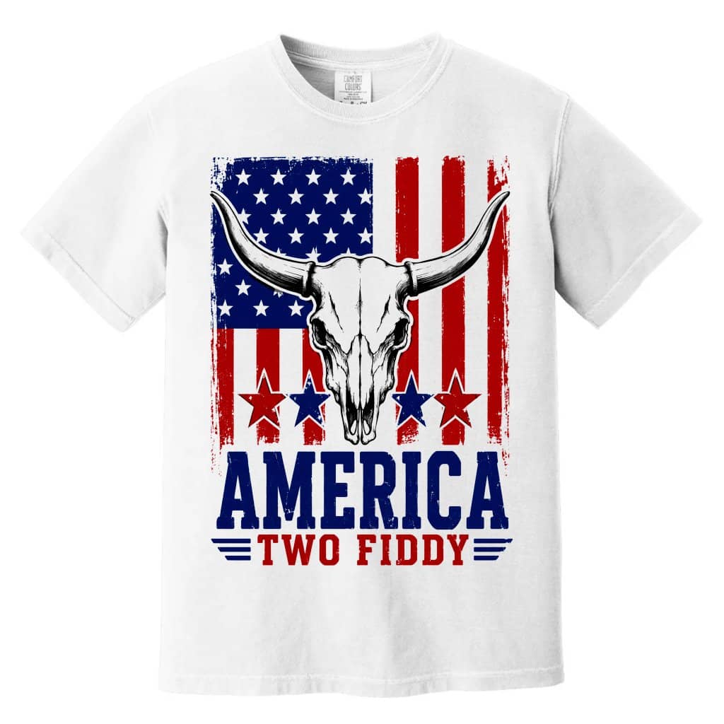 Comfort Colors Highland Cow Skull America Two Fiddy Shirt| Patriotic USA Flag Shirt for men women