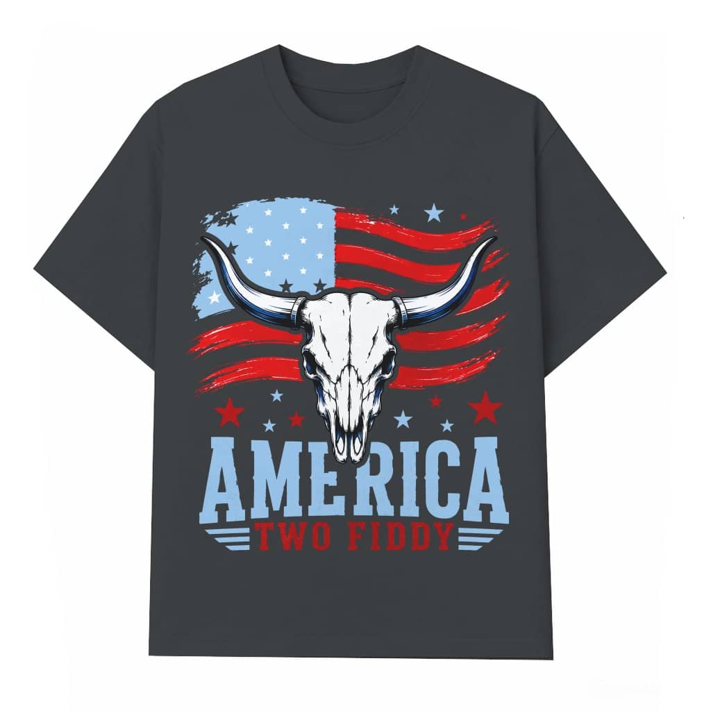 America Two Fiddy Highland Cow Skull Patriotic Flag T-Shirt| 4th of July Gift for Him & Her