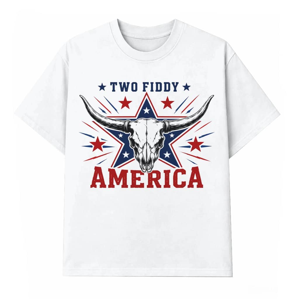 America Two Fiddy T-Shirt| Highland Cow Skull USA Patriotic Gift for Him & Her