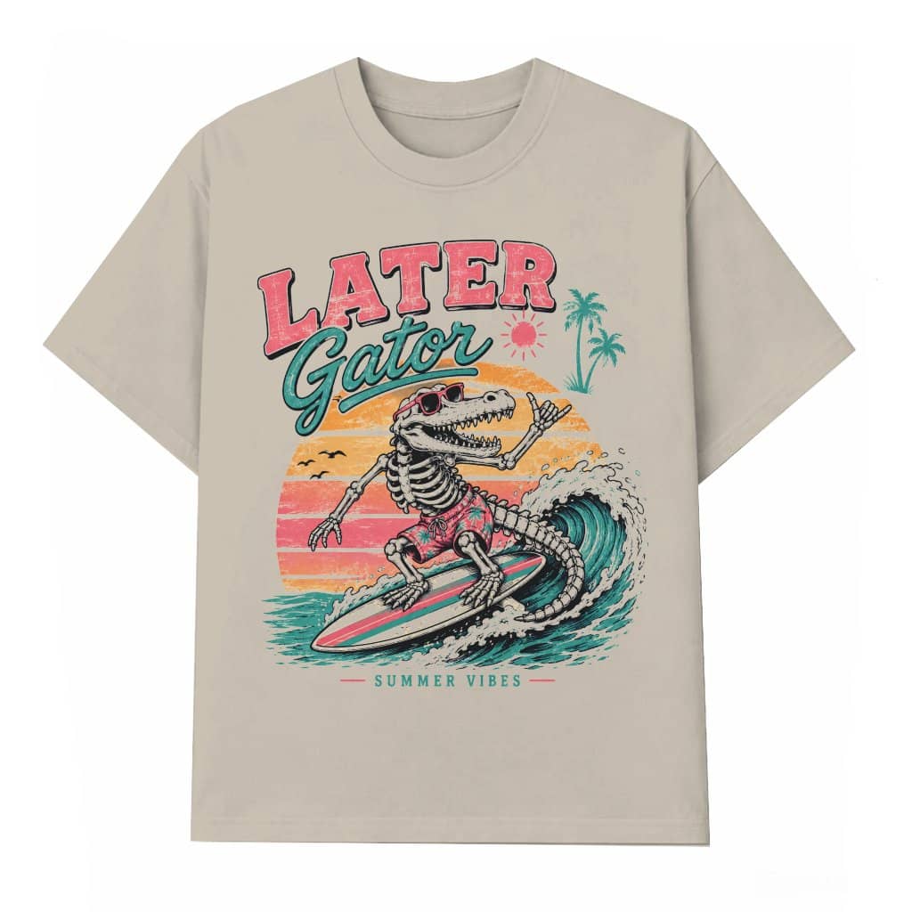 Vintage Surfing Summer Beach Later Gator T-Shirt| Funny Alligator Teacher Gift for Summer Vacation