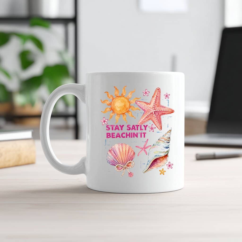 Stay Salty Beachin It Coastal Summer White Mug| Cute Starfish Seashell Summer Gift for women