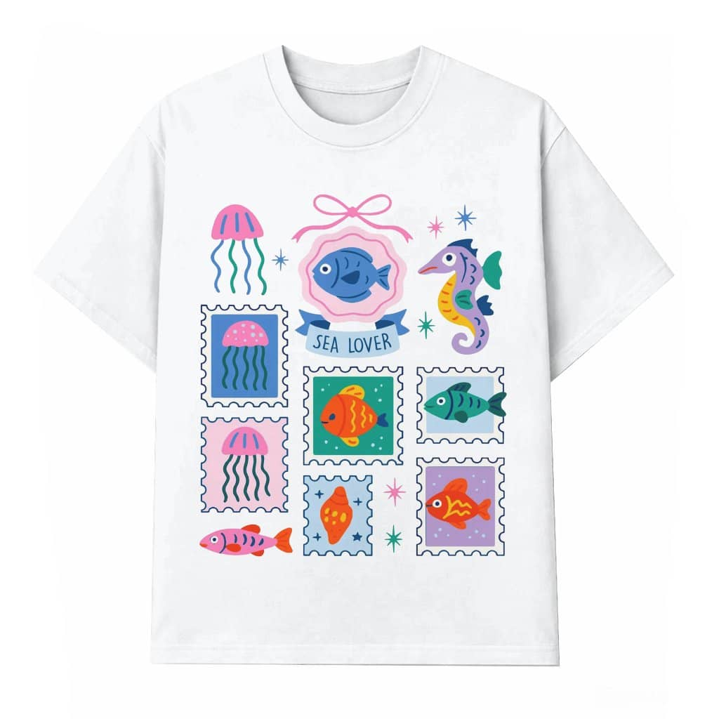 Preppy Jellyfish Beach Fish Stamps T-shirt| Cute Sea Lover Gift for Her
