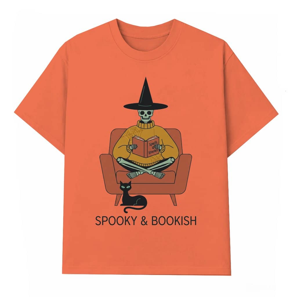 Spooky & Bookish Halloween Skeleton T-shirt| Funny Skeleton with Black Cat Halloween Gift for men & women