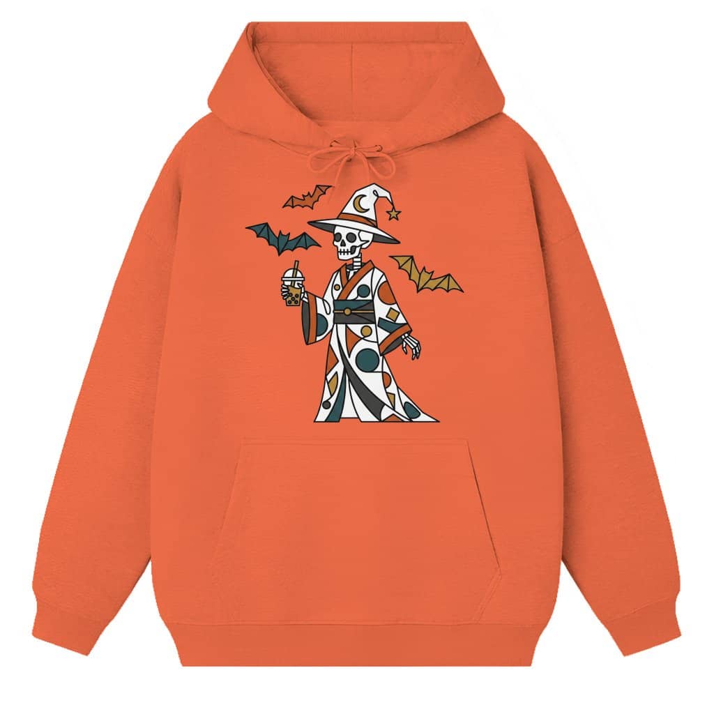 Skeleton Drinking Boba Tea Cute Halloween Skeleton Witch Hoodie| Kawaii Spooky Season Gift for men women