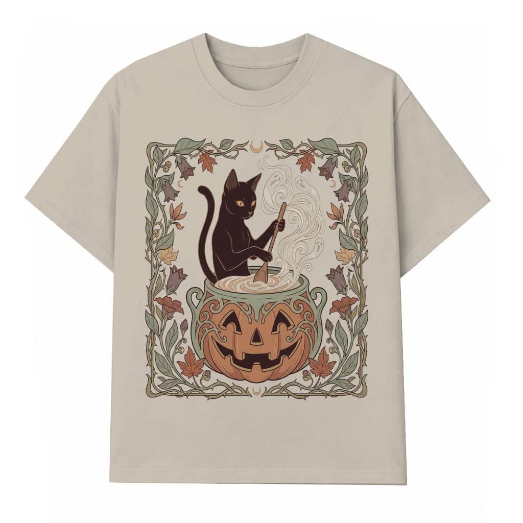 Black Cat Pumpkin Cauldron T-shirt| Witch Cat Halloween Gift for women