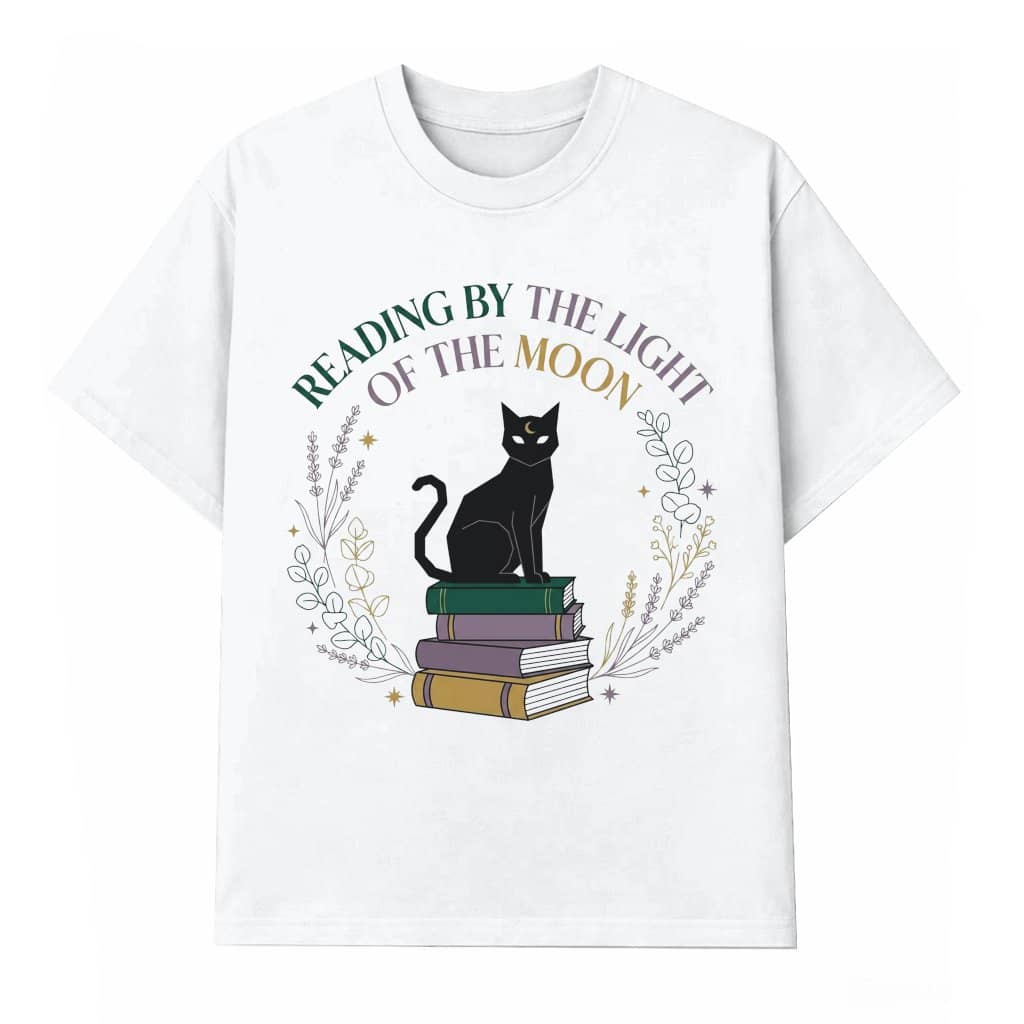 Reading By The Light Of The Moon Black Cat Halloween T-shirt| Funny Halloween Gift for Black Cat Lovers