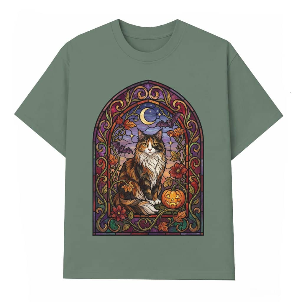 Stained Glass Halloween Cat T-shirt| Gothic Halloween Witchy Cat Gift for women