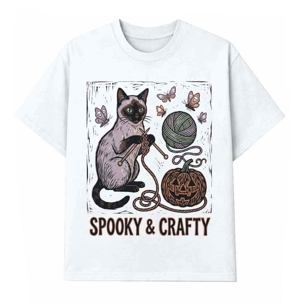 Spooky & Crafty Cat T-shirt| Funny Knitting Cat Halloween Gift for Crochet Lover