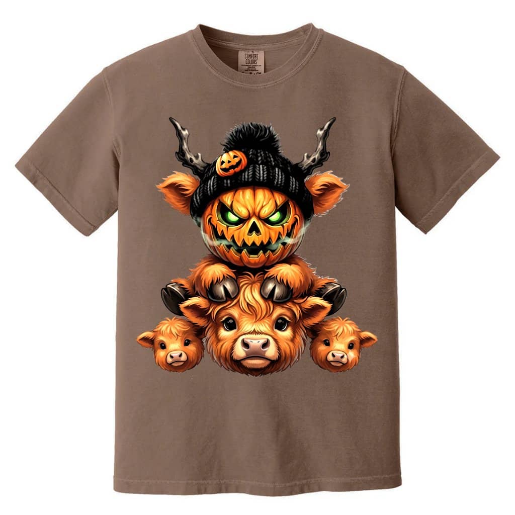 Comfort Colors Scary Jack-o-lantern Halloween Highland Cow Shirt| Spooky Halloween Gift for Cow Lovers