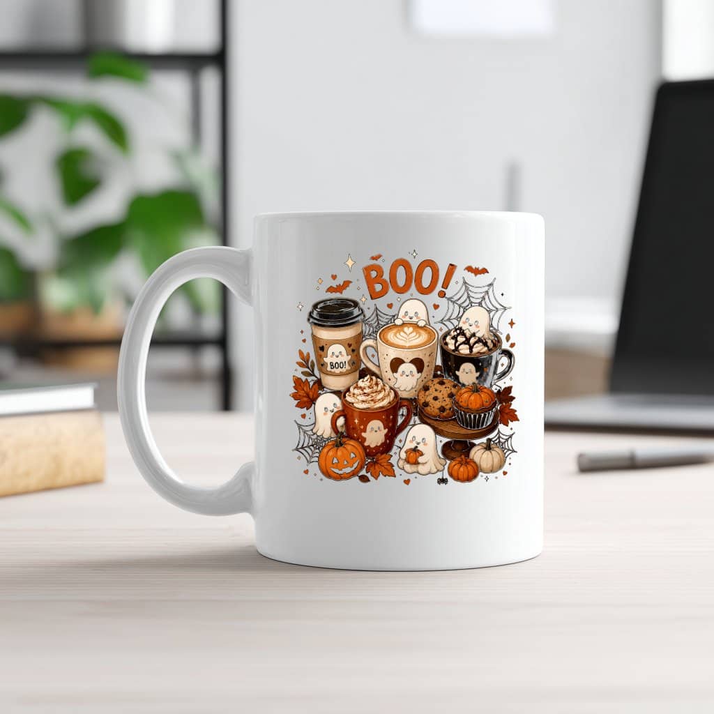 Happy Fall Y'all Boo with Coffee Weather White Mug| Funny Halloween Gift for Fall Coffee Lovers