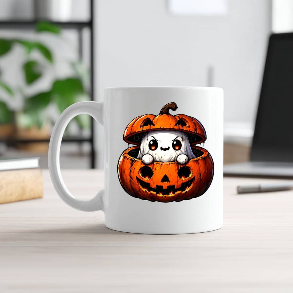 Cute Ghost in Jack O Lantern Halloween White Mug| Spooky Fall Pumpkin Costume Gift for Her