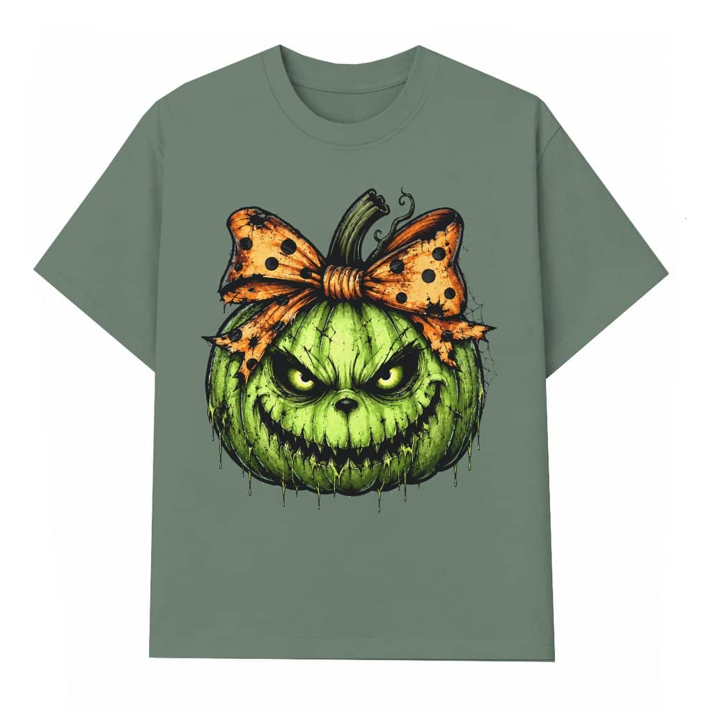Coquette Bow Spooky Green Pumpkin T-shirt| Creepy Halloween Pumpkin Gift for Her