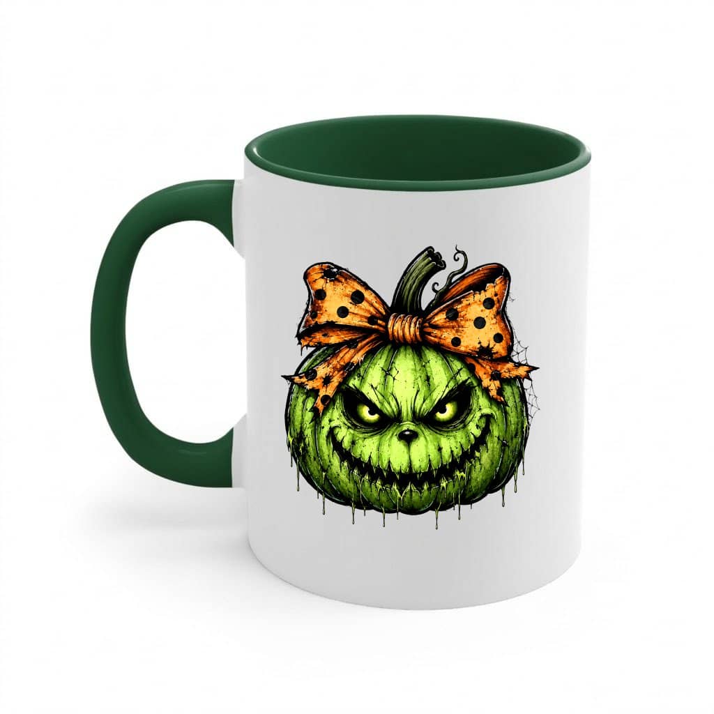 Coquette Bow Spooky Green Pumpkin Accent Mug| Creepy Halloween Pumpkin Gift for Her