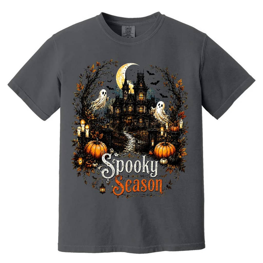 Comfort Colors Vintage Spooky Season Shirt| Spooky Halloween Haunted House Shirt for women